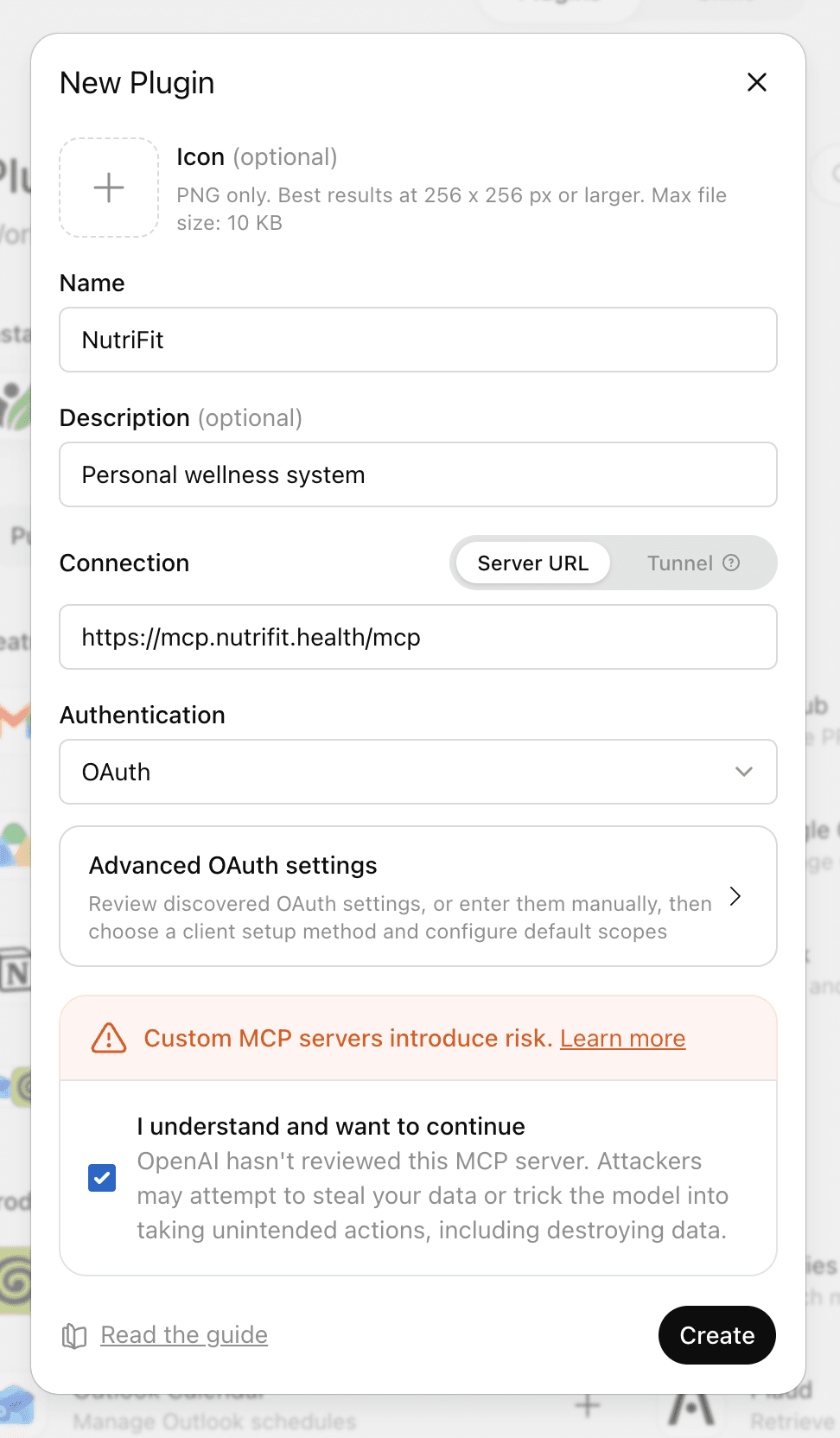 NutriFit MCP serveri va OAuth ko‘rsatilgan yangi plugin formasi