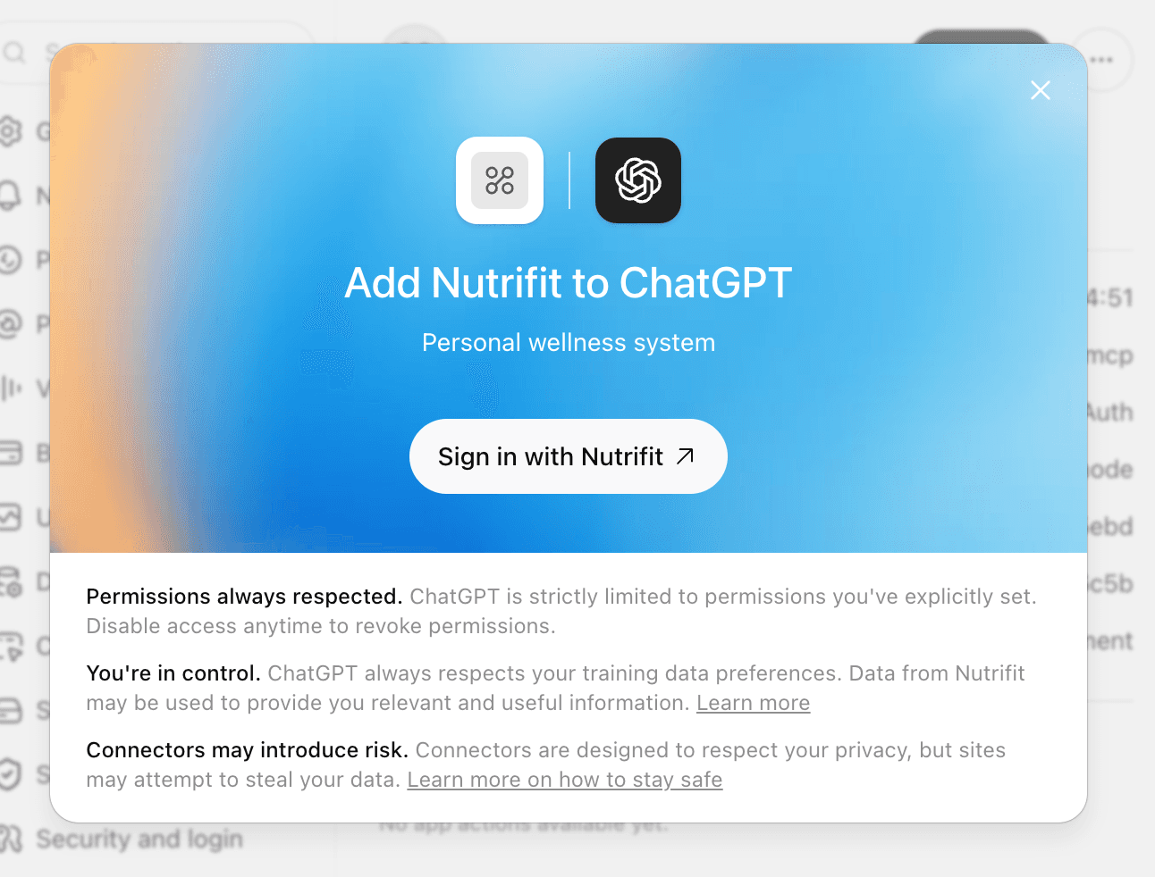 ChatGPT ichidagi NutriFit ulanish kartasi